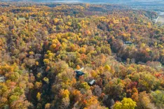 Aerial view of a dense forest in autumn with vibrant fall foliage and isolated buildings among the trees.