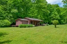 A log cabin with a covered porch surrounded by lush greenery in a serene woodland setting.