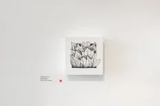 Black and white sketch of tulips in a frame hanging on a white wall with a small red pushpin and artist's attribution text below.