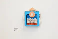 "Treasure Island Beach Access sign mounted on a wall with a seashell on top."