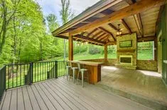 Spacious covered outdoor patio with a wooden bar, stools, fireplace, and a view of lush greenery.