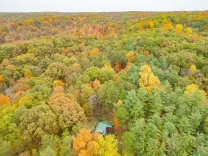 Aerial view of a dense forest with a tapestry of autumn colors and a small house peeking through the trees.