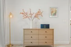 Modern minimalist interior with a wooden dresser, a white vase with cherry blossoms, a floor lamp, and artwork on the wall.
