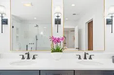 Modern bathroom interior with double sink vanity, marble countertop, wall-mounted taps, and a large mirror reflecting the glass door shower area. A decorative pot of pink orchids sits in the center.
