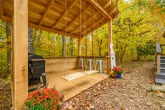 A wooden porch with a swing and bar stools overlooking a forest with autumn foliage, a barbecue grill to the side, and potted flowers around.