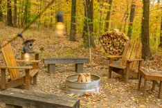 Outdoor autumn setting with wooden Adirondack chairs around a fire pit, string lights, a woodpile, and fallen leaves.