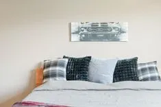 A neatly made bed with plaid and solid-colored pillows against a wooden headboard, with a grayscale artwork of a classic car hanging above on a light-colored wall.