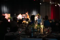 Guests seated at a dimly lit banquet with a blurred stage performance in the background.