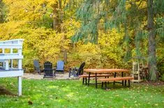 Outdoor backyard setting with a wooden picnic table and Adirondack chairs surrounded by autumn foliage.