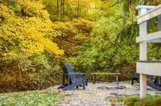 Two Adirondack chairs and a table surrounded by autumn leaves in a forest setting.