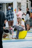 A person sitting on a yellow bench petting a large dog on a busy street with other pedestrians in the background.