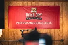 Banner on a wall saying "Bone Dry Roofing - Performance Excellence" with a logo of a dog's face, flanked by lighting equipment's shadow.