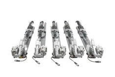 Five identical robotic arms with intricate mechanical parts and wiring, isolated on a white background.