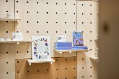 Books and informational cards displayed on wooden shelves with a pegboard wall in the background.