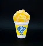 Yellow shaved ice in a branded Sno Biz cup on a black background.