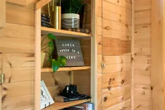 A cozy cabin interior corner with a wooden shelf holding decorative items, books, a plant, and a letter board with the text 'CABIN FEVER IS A VIBE'.